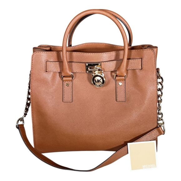 Michael Kors Hamilton Satchel Shoulder Bag Brown Leather Gold Logo - Picture 1 of 12
